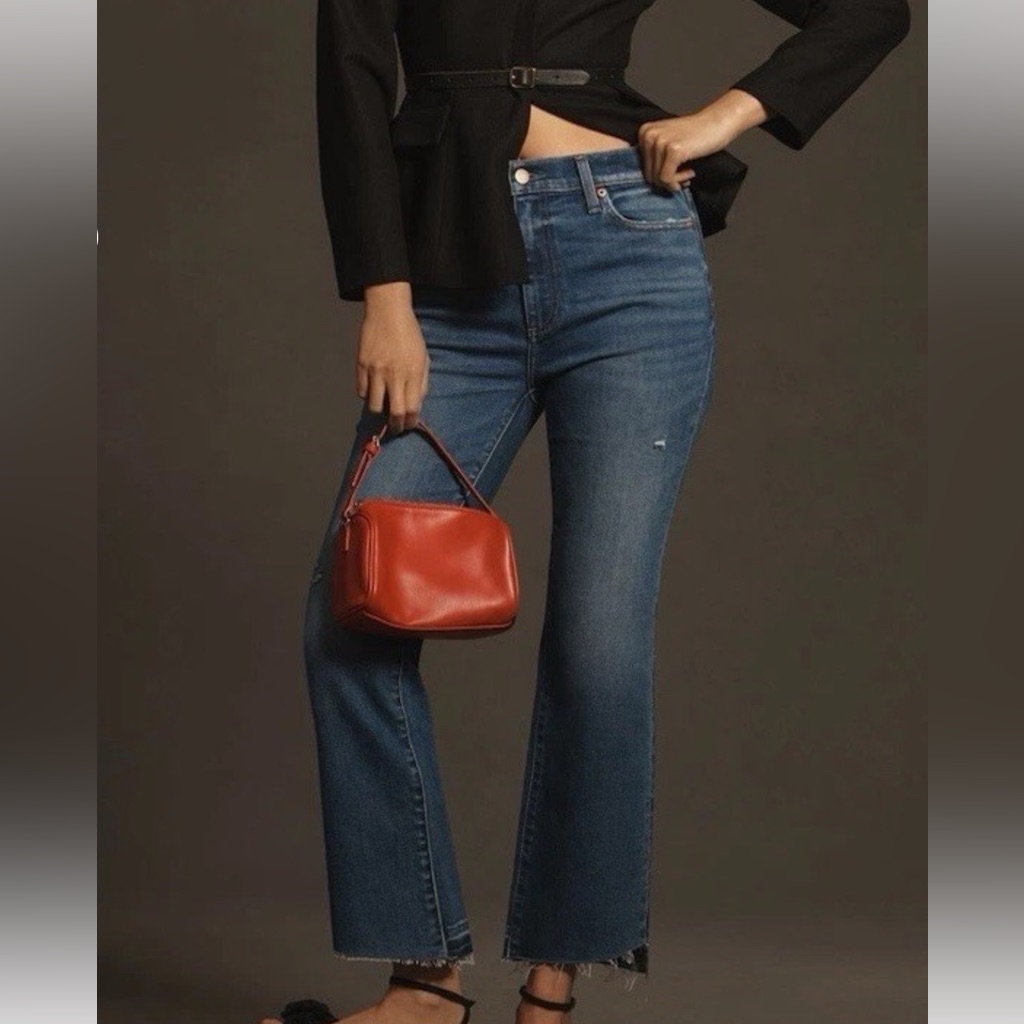 Pistola Dark Wash High Rise Cropped Jean With Mild Distressing And Raw Hem